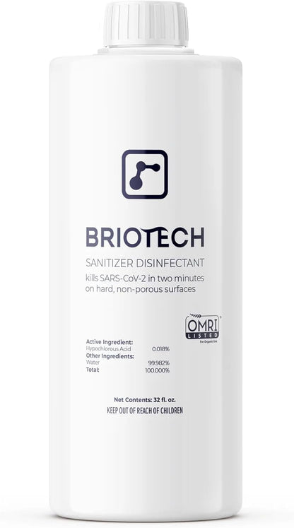 BRIOTECH Sanitizer Disinfectant Hypochlorous, Kill 99.99% of Viruses & Bacteria, Control Mold, Eliminate Odor, Gentle for Nursery & Play Rooms, Food Contact Surface Sanitizer, 1 Gallon Refill