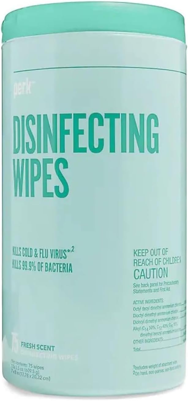 Perk Disinfecting Wipes, Lemon Scent, 75 Wipes/Canister — Multi‑Surface Cleaning Wipes for Home, Office & Classroom