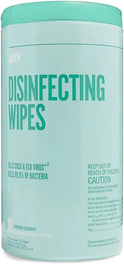 Perk Disinfecting Wipes, Lemon Scent, 75 Wipes/Canister — Multi‑Surface Cleaning Wipes for Home, Office & Classroom