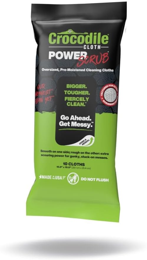 Crocodile Cloth PowerSCRUB Cleaning Wipes – 80 (15" x 10") Dual-Surface Cloths, Heavy-Duty, Moist, Absorbent, & Disposable - Safe on Skin & Multiple Surfaces