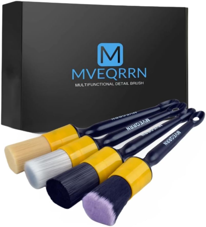 MVEQRRN Boars Hair Ultra Soft Detailing Brushes Set, 4 Pcs Premium Natural Boars Bristles, 1 Pcs Duster Detail Brush for Cleaning Car Interior Dashboard Leather Seat