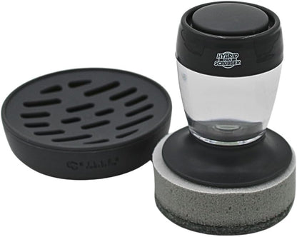 Stainless Steel & Hybrid Cookware Scrub & Polisher with Soap-Dispensing Handle, Dual-Layer DuoPad & Drydock Tray. Refillable, Ergonomic, Safe for All Hybrid and Stainless Steel cookware.