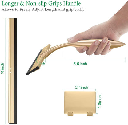 OPERNEE Shower Squeegee with Self Adhesive Hook, 10 Inches Stainless Steel Squeegee Cleaner, All-Purpose Window Scraper for Bathroom Doors, Mirror, Windows and Car Glass, Brushed Gold