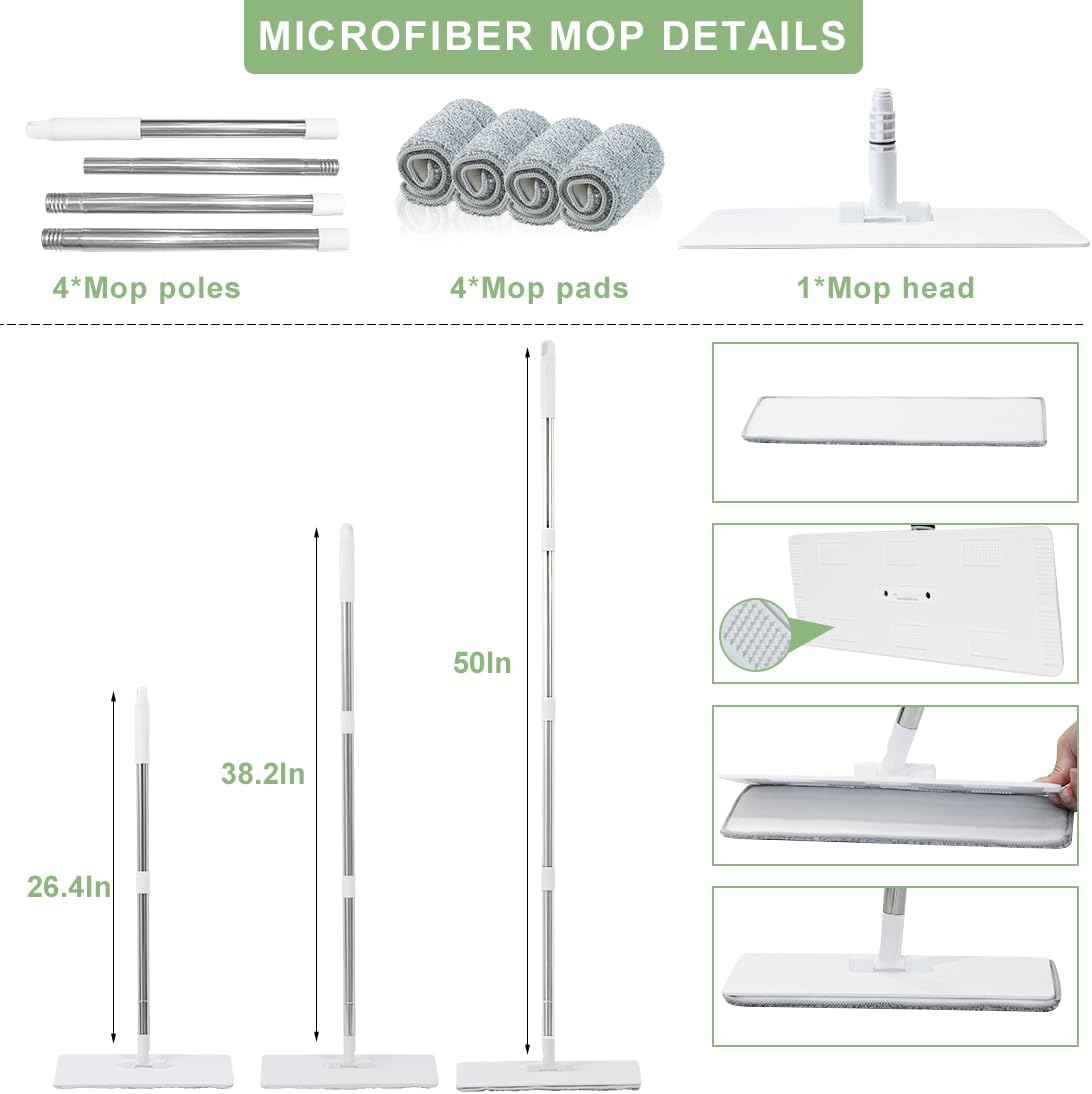 CQT Self-Wringing Mop and Bucket Set for Home Long Handle Flat Mop with 4 Washable Microfiber Pads
