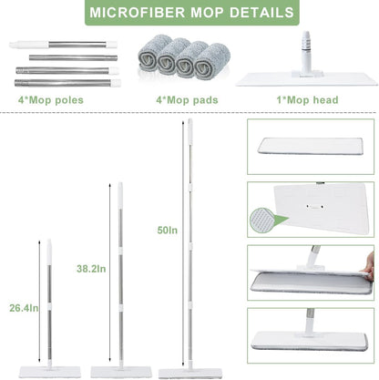 CQT Self-Wringing Mop and Bucket Set for Home Long Handle Flat Mop with 4 Washable Microfiber Pads
