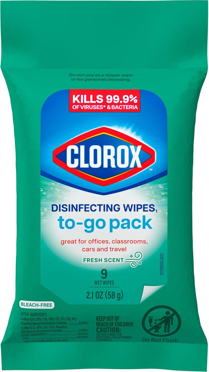 Disinfecting Cleaning Wipes To Go Pack, Bleach Free, Fresh Scent, 9 Count (Package May Vary)