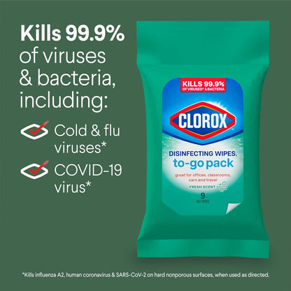 Disinfecting Cleaning Wipes To Go Pack, Bleach Free, Fresh Scent, 9 Count (Package May Vary)