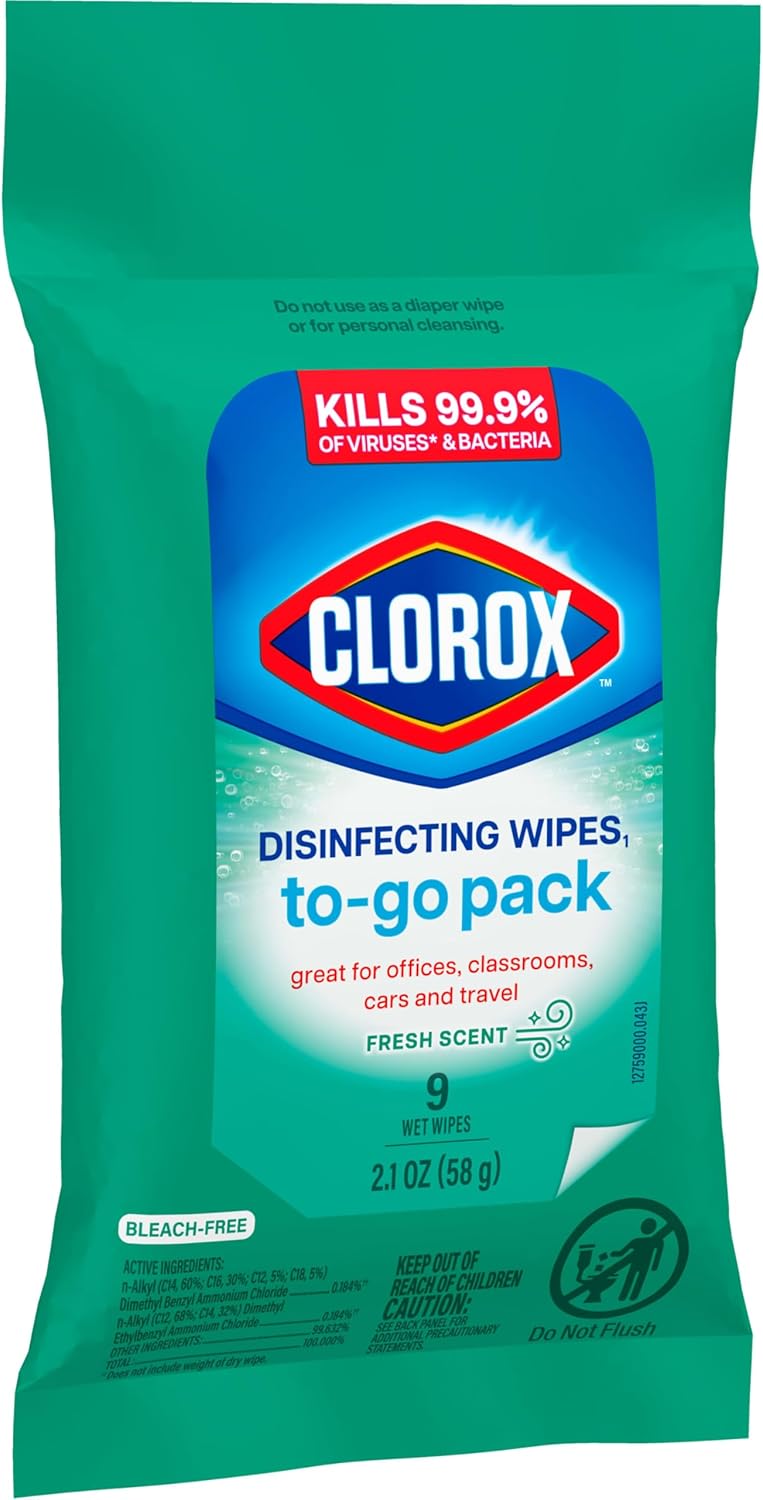 Disinfecting Cleaning Wipes To Go Pack, Bleach Free, Fresh Scent, 9 Count (Package May Vary)