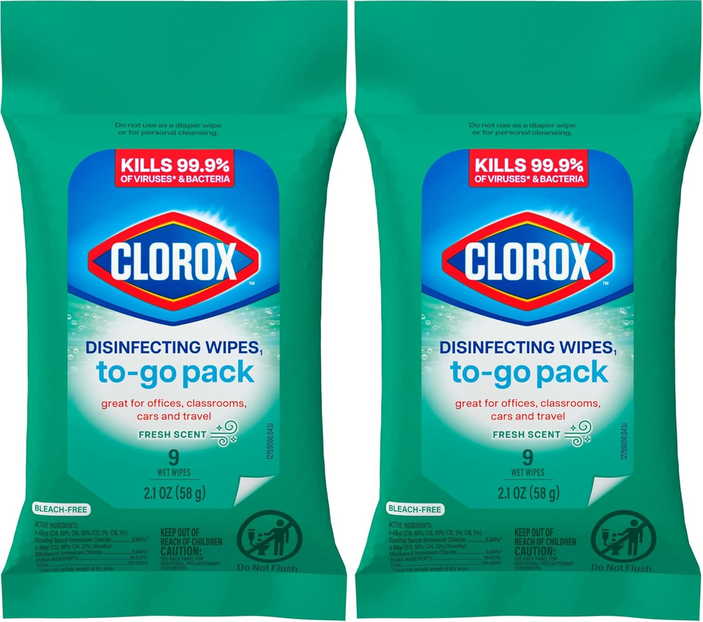 Disinfecting Cleaning Wipes To Go Pack, Bleach Free, Fresh Scent, 9 Count (Package May Vary)