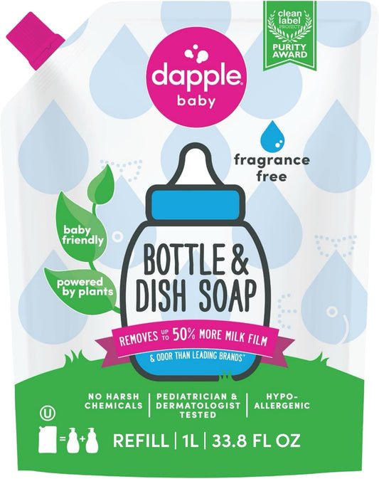 Dapple Refill Pack Baby Bottle and Dish Liquid, Fragrance Free, 33.8 Fluid Ounce
