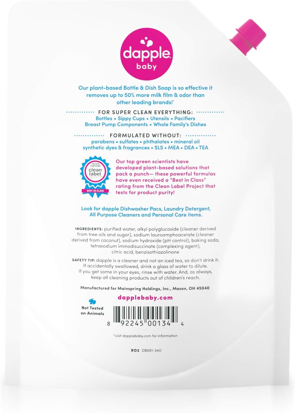 Dapple Refill Pack Baby Bottle and Dish Liquid, Fragrance Free, 33.8 Fluid Ounce