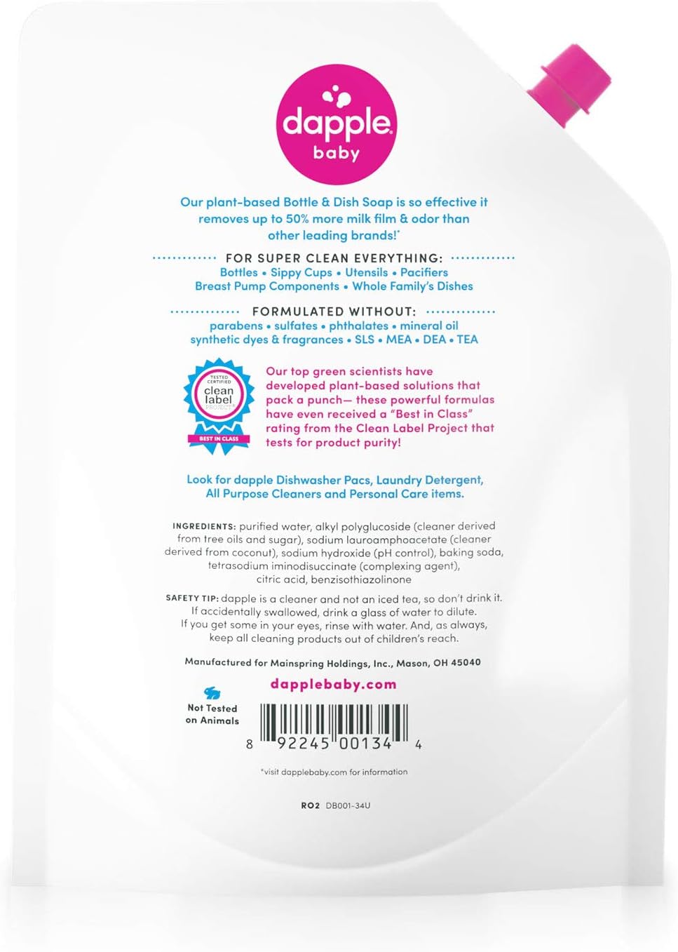 Dapple Refill Pack Baby Bottle and Dish Liquid, Fragrance Free, 33.8 Fluid Ounce