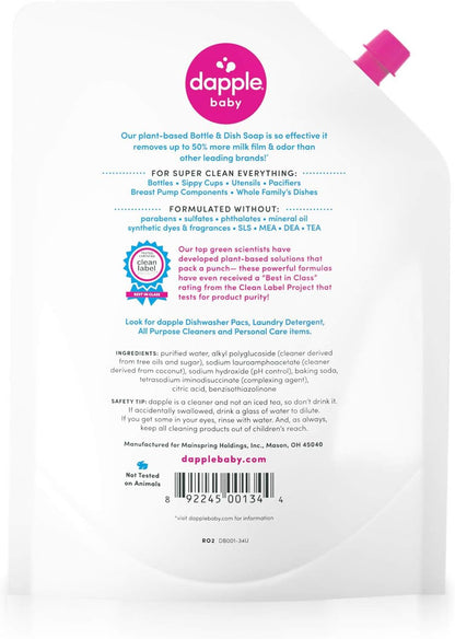 Dapple Refill Pack Baby Bottle and Dish Liquid, Fragrance Free, 33.8 Fluid Ounce