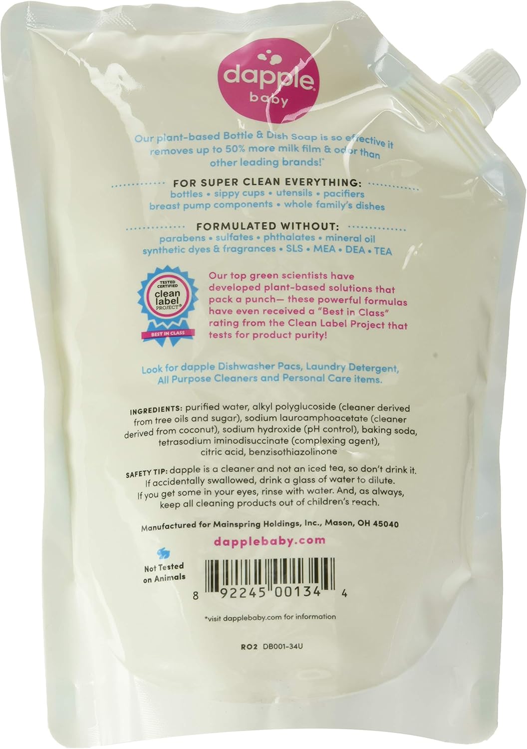 Dapple Refill Pack Baby Bottle and Dish Liquid, Fragrance Free, 33.8 Fluid Ounce