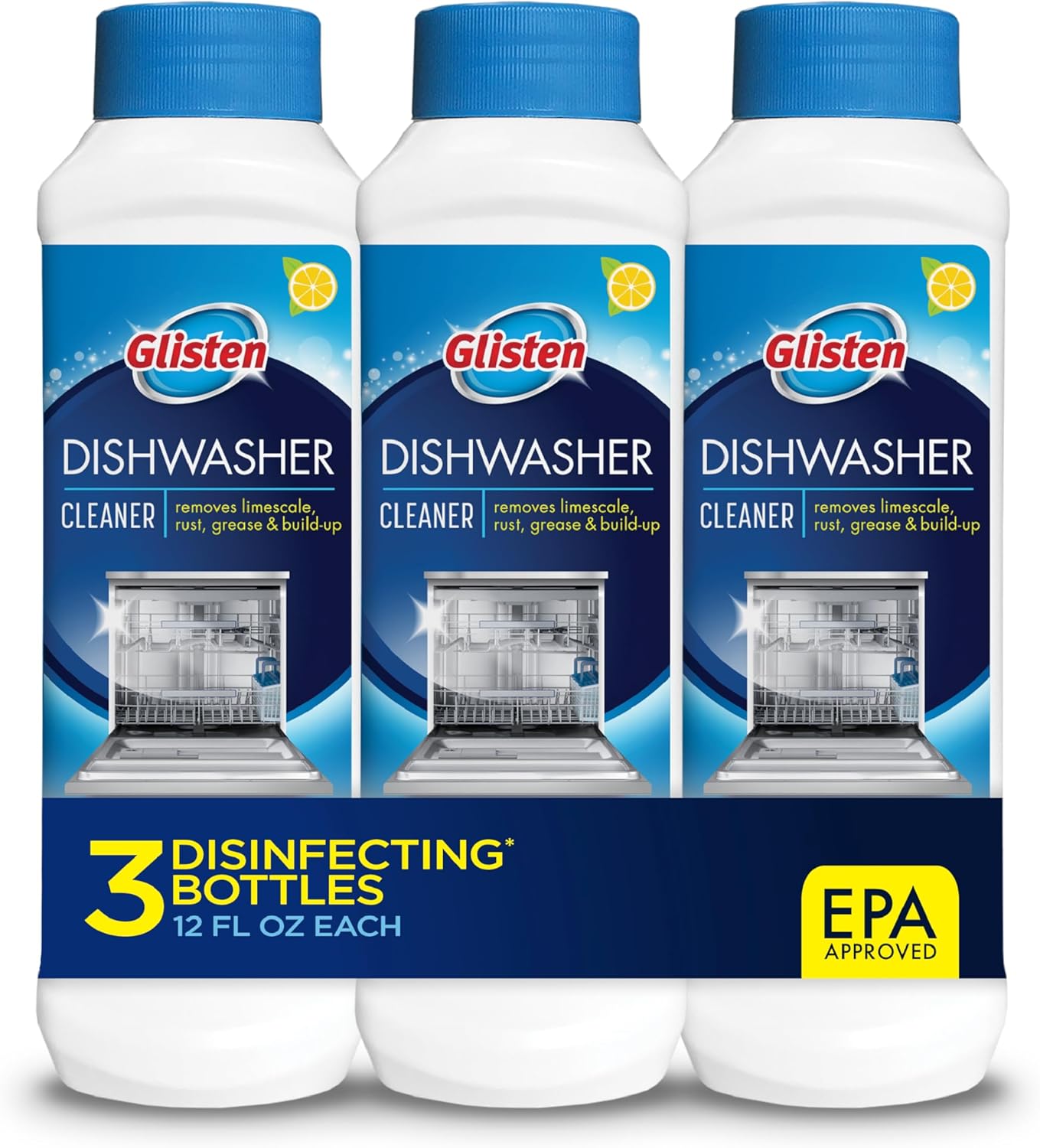 Dishwasher Cleaner, Removes Limescale, Rust, Buildup, and Grease, Lemon Scent, Made in the USA, 12 Ounce Bottle, 3-Pack