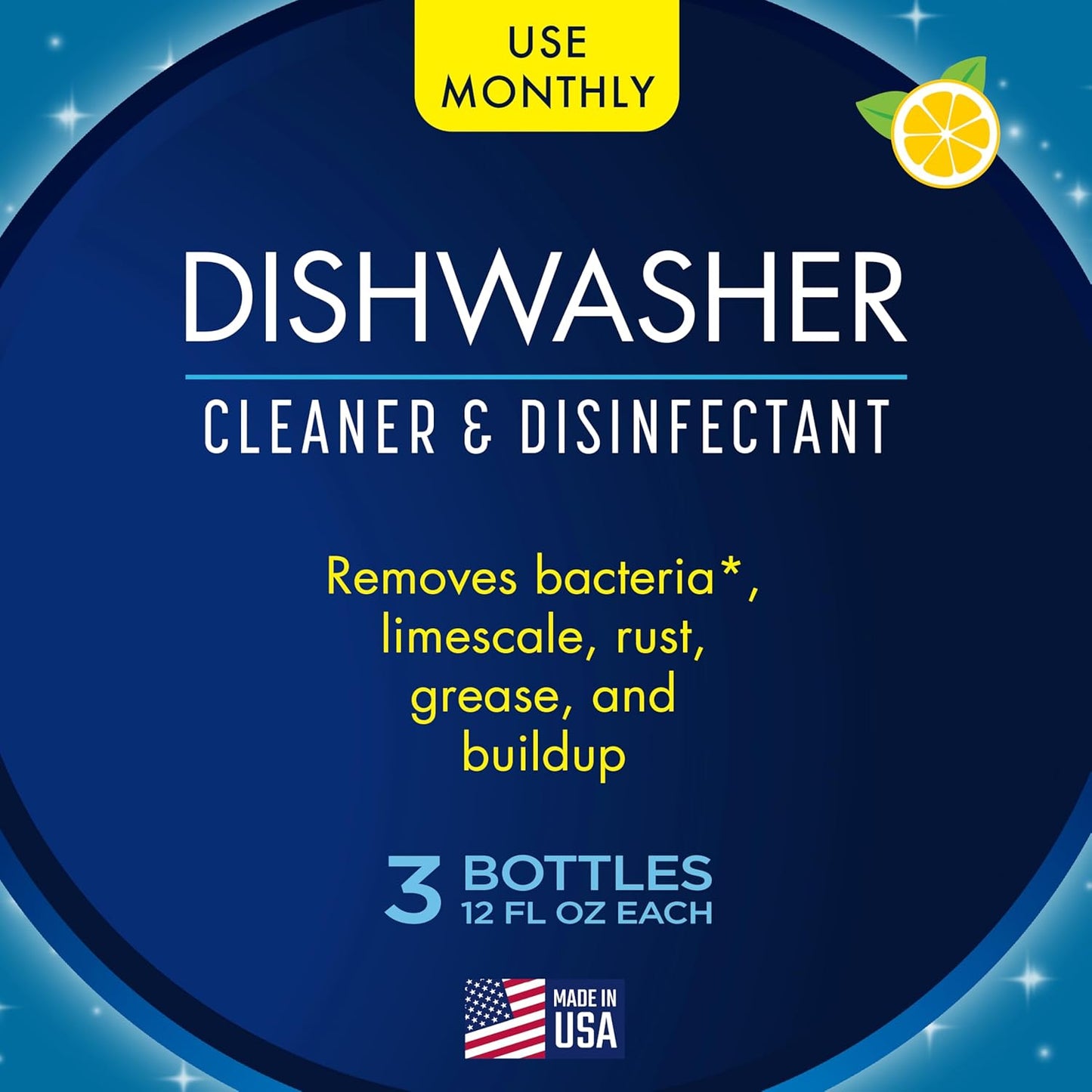 Dishwasher Cleaner, Removes Limescale, Rust, Buildup, and Grease, Lemon Scent, Made in the USA, 12 Ounce Bottle, 3-Pack