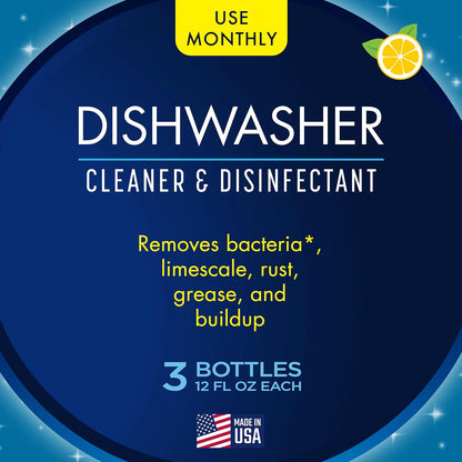 Dishwasher Cleaner, Removes Limescale, Rust, Buildup, and Grease, Lemon Scent, Made in the USA, 12 Ounce Bottle, 3-Pack