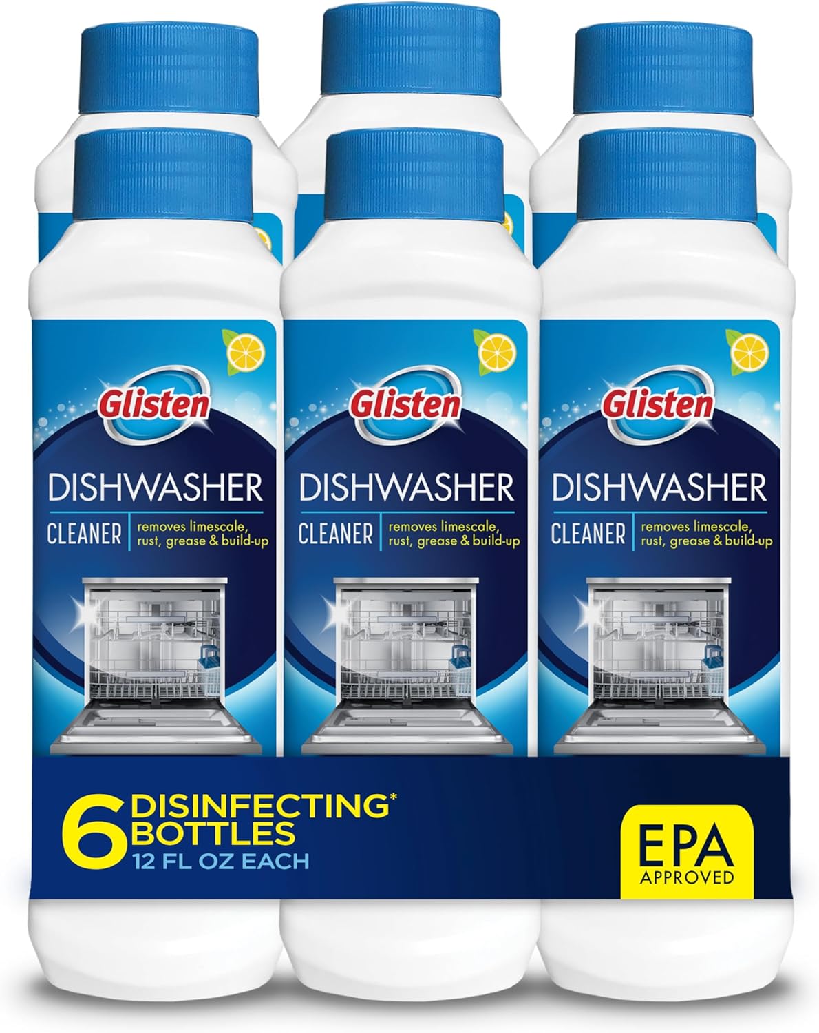 Dishwasher Cleaner, Removes Limescale, Rust, Buildup, and Grease, Lemon Scent, Made in the USA, 12 Ounce Bottle, 3-Pack