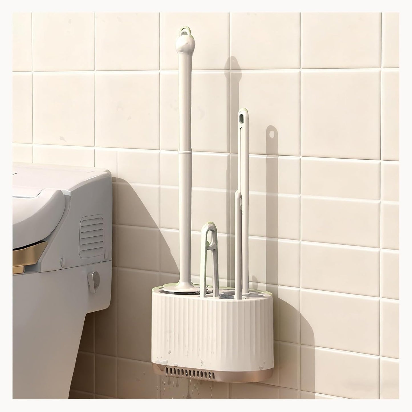 4 in 1 Toilet Cleaner Brush Toilet Bowl Brush and Holder Set Silicone Toilet Brush，Stuff Floor Standing or Wall Mounted Toilet Scrubber Without Drilling (Light Green)