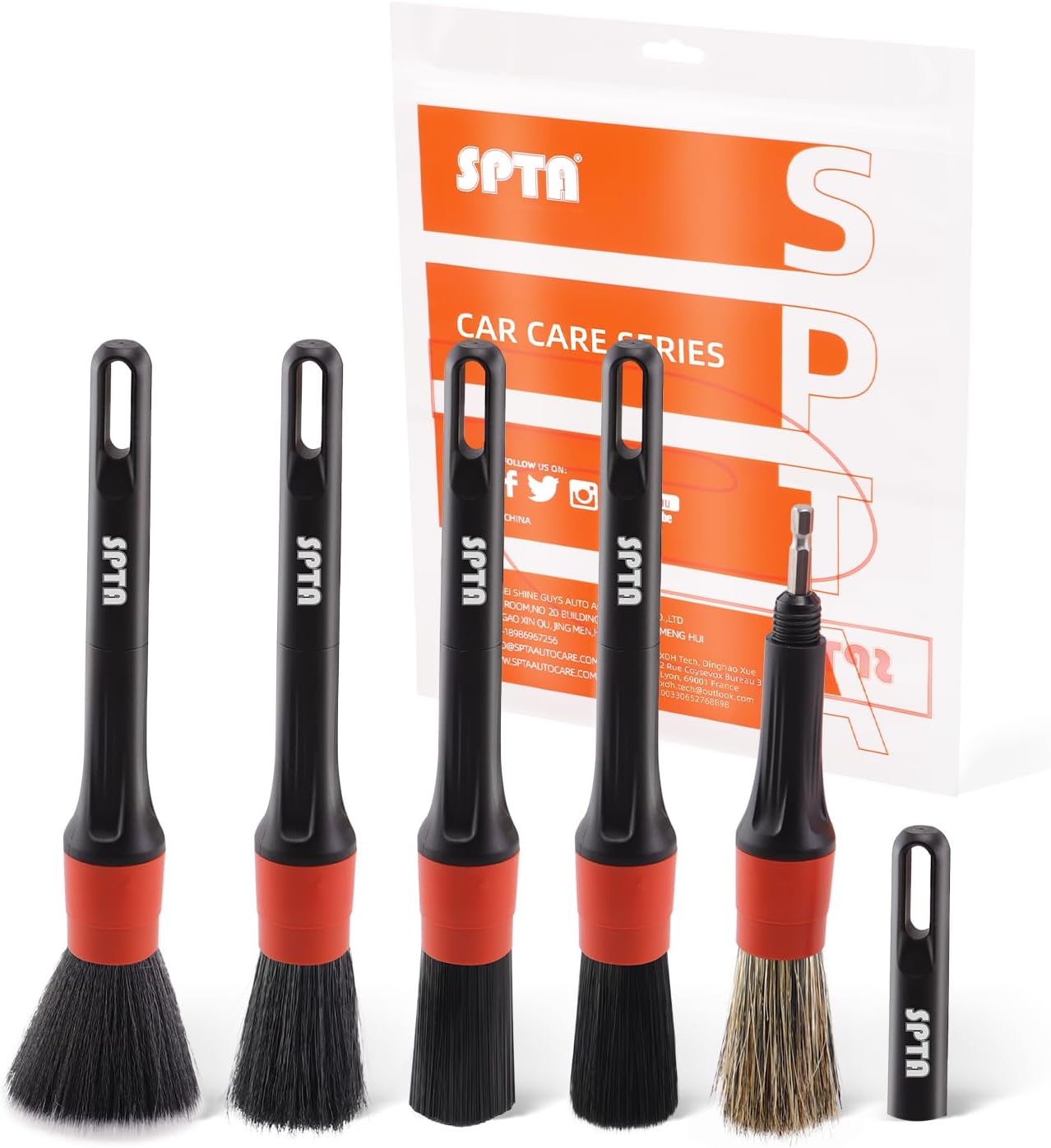 SPTA Car Detailing Brush Set, 5 Pack Soft Mixed Hair Auto Detail Brush Kit No Scratch for Automotive Elegant Surface Interior Exterior Dashboard Emblems Panels Engine Bay Wheels Air Vent Seat Leather