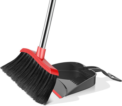 Broom and Step-on Dustpan Set, 59-in Adjustable Long Handle Broom with Dustpan Combo Set Outdoor Angle Broom for Sweeping Indoor Dust Pet Hair for Cleaning Kitchen Garage Deck Patio, Black&Red