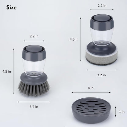 DAPOWER Dish Brush with Soap Dispenser, Kitchen Scrub Brush for Dishes Pots Pans Sink Cleaning, Dish Scrubber with Holder Set (Grey 2-Pack Combo Set)