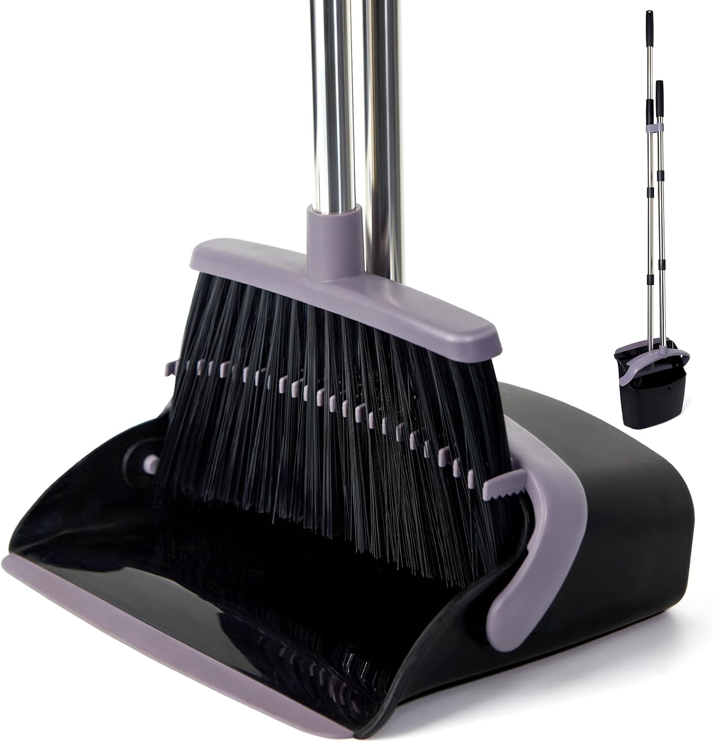 Broom and Dustpan Set with Long Handle, Light Weight Stainless Steel Poles Stand Upright Dustpans with Broom Combo for Home Kitchen Office Pet Dog Hair, Brown & Beige Color, 1-Pack