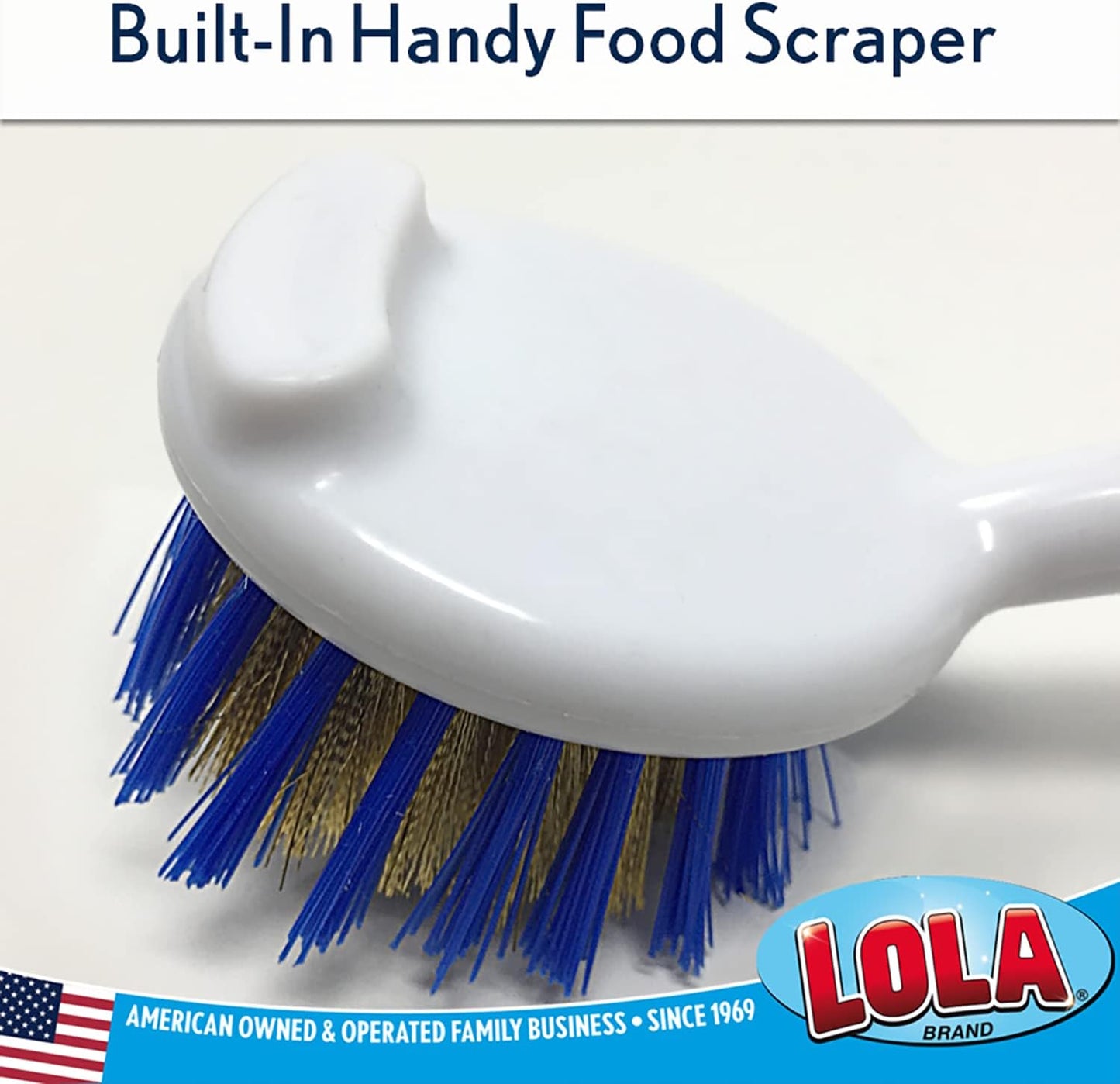 Dish Brush Scrubber for Kitchen, 2 Pack, by LOLA, Has Stiff Bristles & Food Scraper, Comfort No-Slip Grip Handle, Safe for Non-Stick & Coated Cookware