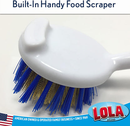 Dish Brush Scrubber for Kitchen, 2 Pack, by LOLA, Has Stiff Bristles & Food Scraper, Comfort No-Slip Grip Handle, Safe for Non-Stick & Coated Cookware