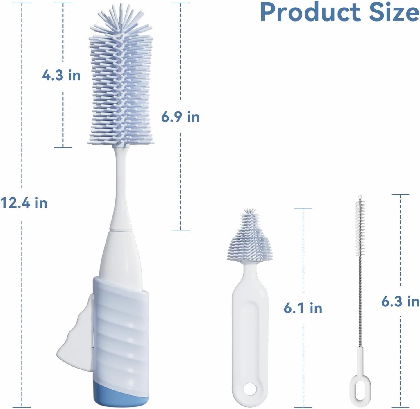 Baby Bottle Brush Set, Innovative Efficient Press-to-Spin Brush Cleaner - Includes Silicone Bottle Brush, Nipple Brush, Straw Cleaner - Spinning Generates Rich Foam for Deep Cleaning, Blue