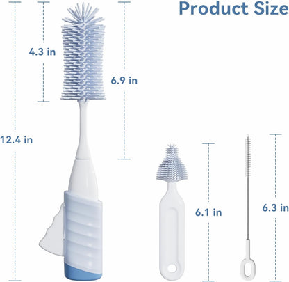 Baby Bottle Brush Set, Innovative Efficient Press-to-Spin Brush Cleaner - Includes Silicone Bottle Brush, Nipple Brush, Straw Cleaner - Spinning Generates Rich Foam for Deep Cleaning, Blue