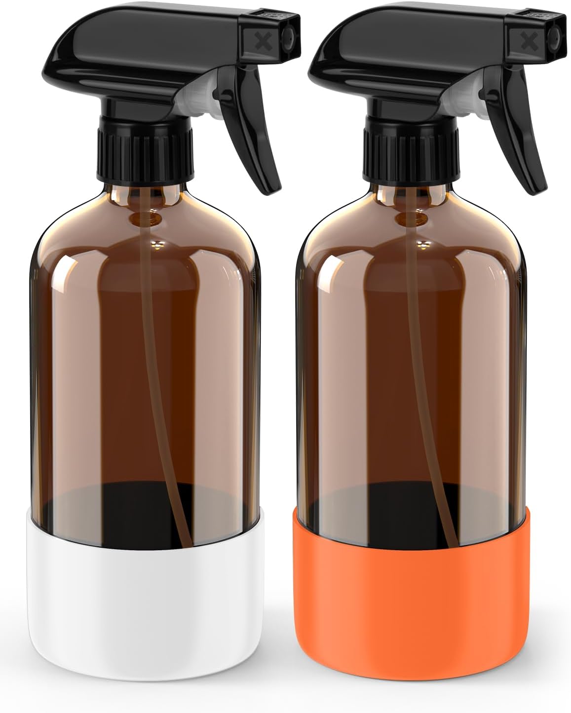 Bontip Glass Spray Bottle with Silicone Sleeve Protection, Amber Glass Spray Bottle Set for Window Cleaner Aromatherapy Facial Hydration Watering Flowers Hair Care 2 Pack/16 oz (Black & Brown)