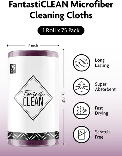 Fantasticlean Microfiber Cleaning Cloth Roll -75 Pack, Tear Away Microfiber Towels, 12" x 12", Reusable, Washable, Scratch Free, Ultra Absorbent Dishcloth for All-Around Cleaning Supplies (White)