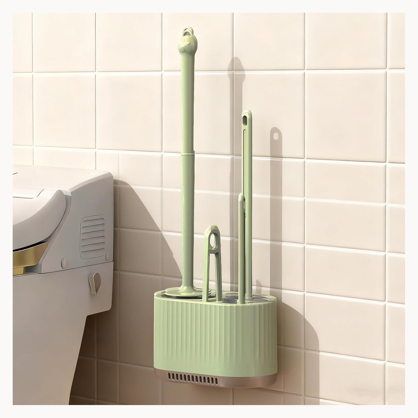 4 in 1 Toilet Cleaner Brush Toilet Bowl Brush and Holder Set Silicone Toilet Brush，Stuff Floor Standing or Wall Mounted Toilet Scrubber Without Drilling (Light Green)