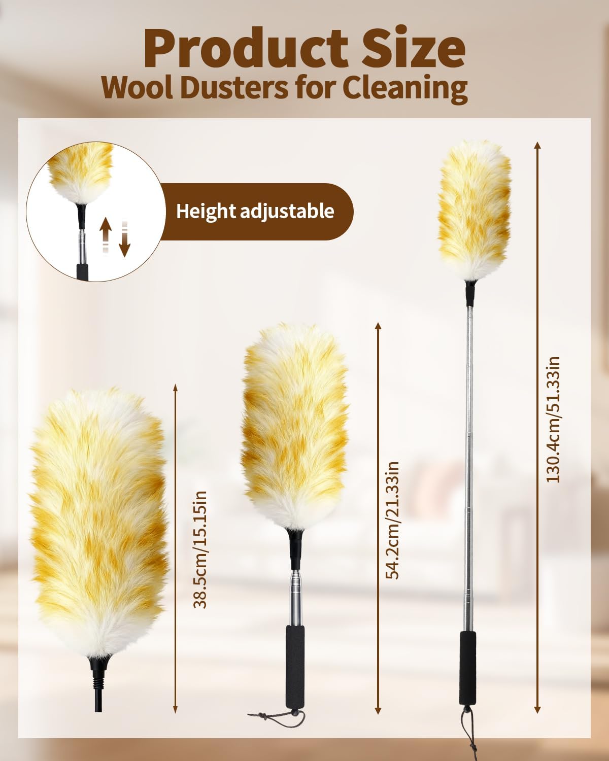 Extendable Ostrich Feather Duster with Bonus Wool Feather Duster Head - Natural Fluffy Non-Slip Handle Feathers Dusters for Cleaning Ceiling Fans, Blinds, Roof Dusting, High Surfaces (18-48 in)