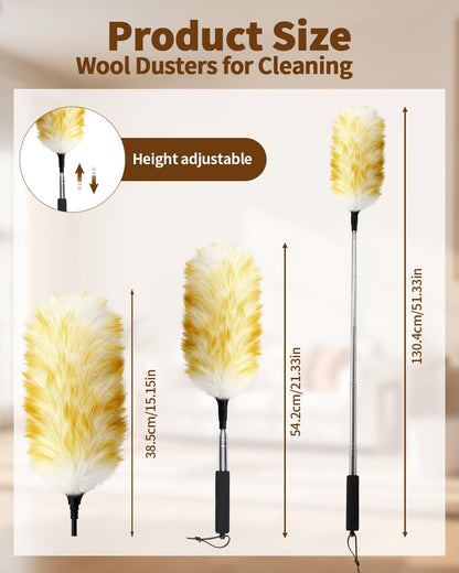 Extendable Ostrich Feather Duster with Bonus Wool Feather Duster Head - Natural Fluffy Non-Slip Handle Feathers Dusters for Cleaning Ceiling Fans, Blinds, Roof Dusting, High Surfaces (18-48 in)