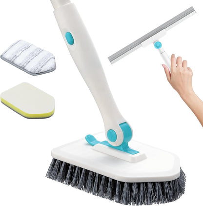 nacena Shower Scrubber with Long Handle, 3 in 1 Tile Tub Scrubber Brush with 3 Detachable Cleaning Heads Adjustable Handle Shower Cleaner Brush for Bathroom, Kitchen, Toilet, Wall, Sink, Blue White