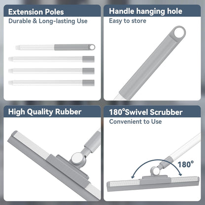 Floor Squeegee with 180° Rotating Head, Squeegee for Floor with 52'' Long Handle, Squeegee Broom, Squeegee for Window Cleaning, Bathroom Tile, Garage Concrete, Deck, Shower Glass (White)