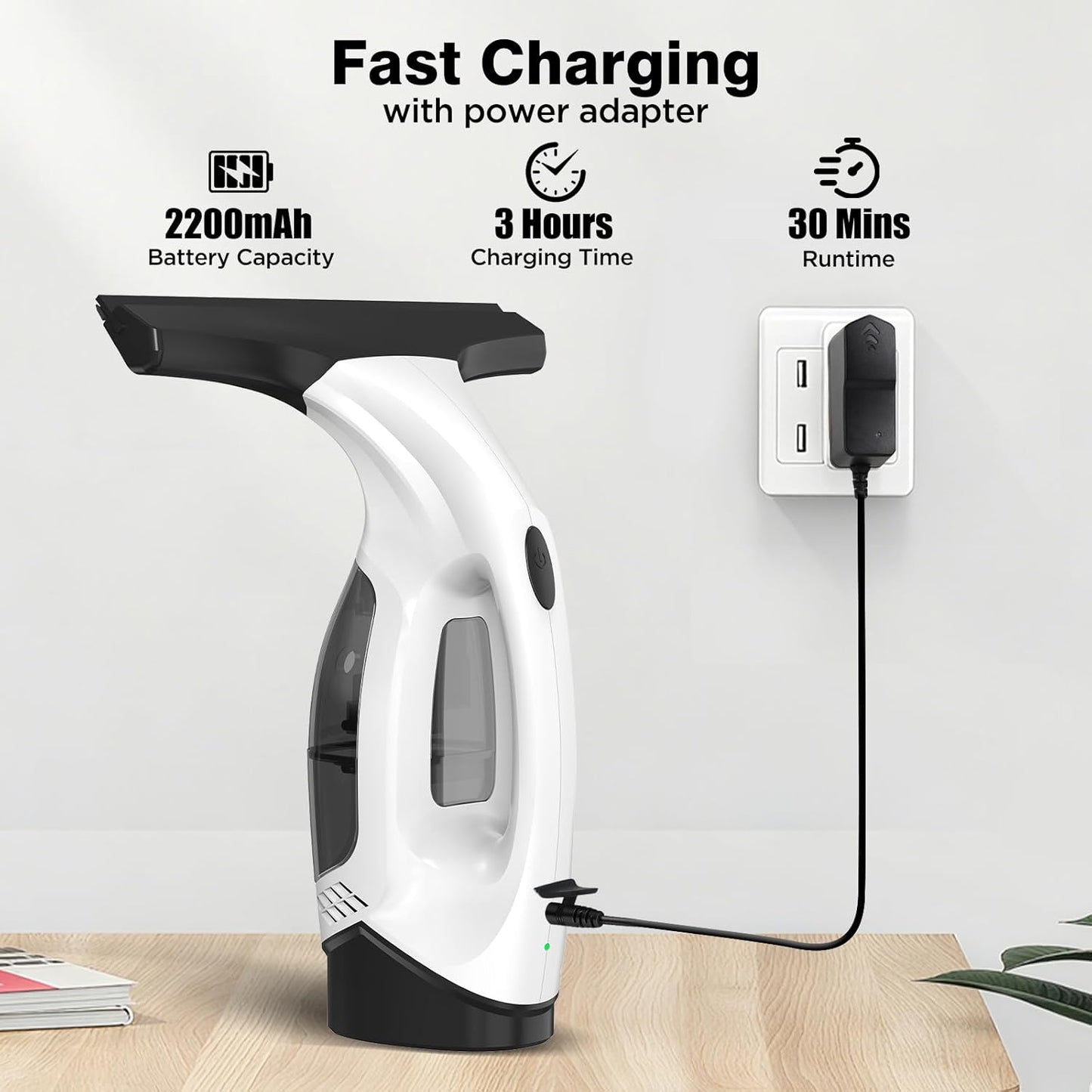 Window Vacuum Squeegee Cordless, 2000Pa Electric Window Cleaner Tool with 2200mAh & 150ml Water Collection Tank, Cleaning Kit Shower Squeegee for Glass Doors, Tiles, Mirrors, Car (White)