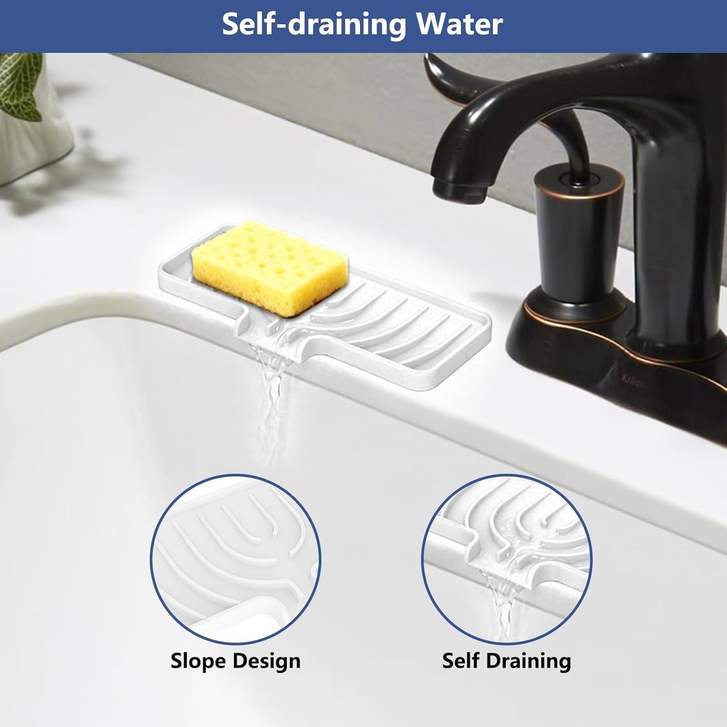 JACZZO Silicone Sponge Holder for Kitchen Sink With Drain Spout, Self Draining, Kitchen Soap Tray, Bathroom Organizer, Sink Caddy (Grey, 10×4)