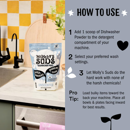 Molly's Suds Dishwasher Pods | Clean Dishwasher Detergent, Cuts Grease & Rinses Clean (Residue-Free) for Sparkling Dishes | 120 Auto-Release Tabs (Citrus)