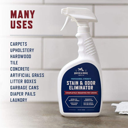 Rocco & Roxie Supply Co. Stain & Strong Odor Eliminator, Enzyme Cleaner, Pet Odor Eliminator for Home - Carpet Stain Remover for Cats & Dog Pee - Urine Destroyer - Carpet Cleaner Spray Clear, 32 Fl Oz