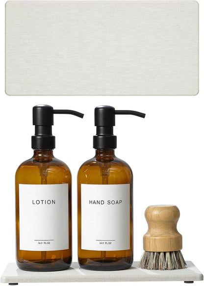 2PCS Water Absorbing Stone Drying Tray for Kitchen Counter & Bathroom Sink, Diatomite Faucet Splash Guard, Soap Dispenser Rack & Sponge Holder Caddy Organizer, Marble White (Printed Pattern), 9"x 3.5"