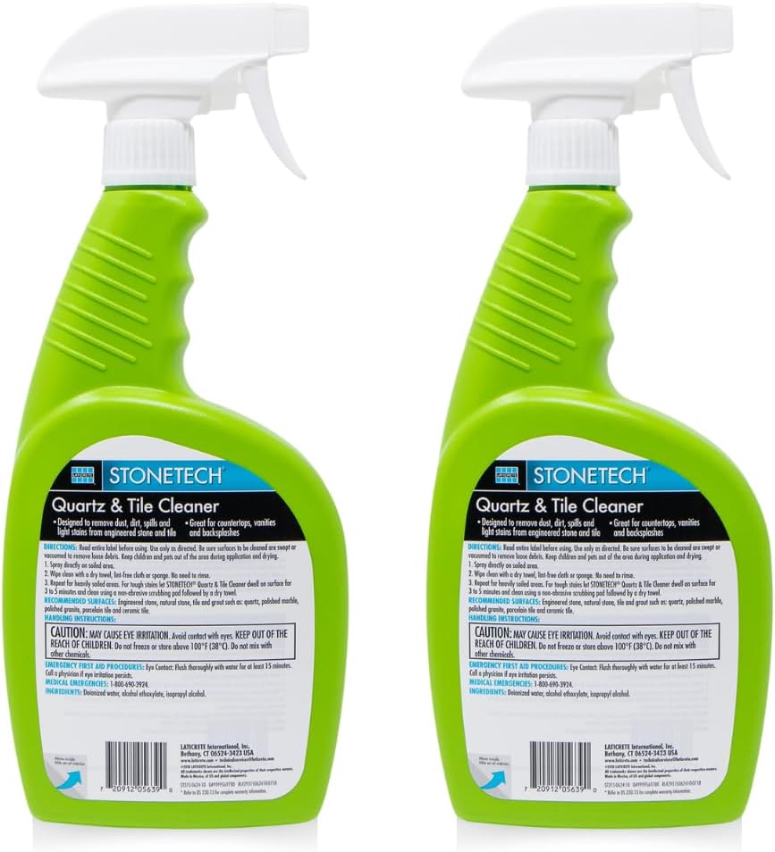 StoneTech Quartz & Tile Cleaner Spray – Quartz Countertop Cleaner for Engineered Stone, Ceramic & Porcelain – Removes Dirt & Spills – 2-Pack, 24oz Each + 2 Microfiber Cloths Fresh Scent