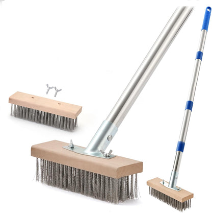 MAXMAN Stainless Steel Wire Scrub Brush with Long Handle, 63" Heavy Duty Large Wire Brush, Stiff Metal Bristle Floor Scrubber, Outdoor Patio Cleaning, Wire Broom for Deck, Concrete, Moss Removal