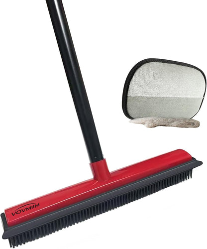 Pet Hair Rubber Broom with Squeegee for Carpet,Fur Remover Broom Carpet Rake for Pet Hair Removal, with 50" Long Handle