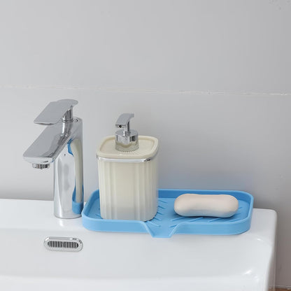 MicoYang Silicone Bathroom Soap Dishes with Drain Spout-Bathroom and Kitchen Sink Organizer,Sponge Holder,Dish Soap Tray,Perfect for Dispenser,Scrubber,Bottle,Cup on Sink or Counter-Black 4.9"×3.2"