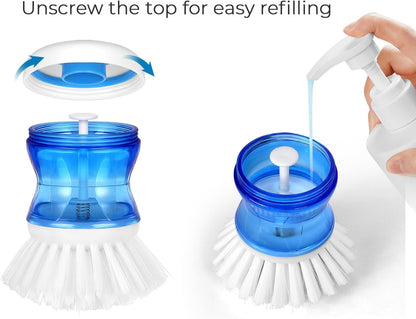 Dish Brush with Soap Dispenser for Dishes Pot Pan Kitchen Sink Scrubbing, Blue 2 Pack