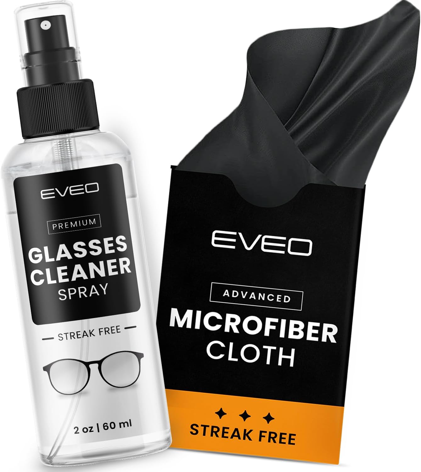 EVEO Glasses Cleaner Spray - Eyeglass Cleaner (No Streaks)| x2 Eye Glass Cleaners Spray + x2 Lens Cleaner Microfiber Cleaning Cloth, Glasses Cleaning Kit Eye Glasses Cleaner Spray & Cloth - 4oz(2ozx2)