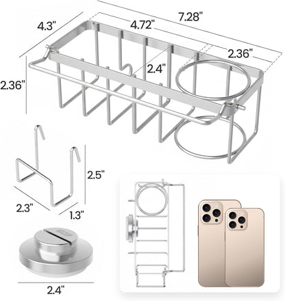 TAILI Sponge Holder for Kitchen Sink with Strong Suction Cup, Rustproof Aluminum Sink Caddy for Sponges, Removable Sponge Holder, Dish Brush for Scraper - Silver